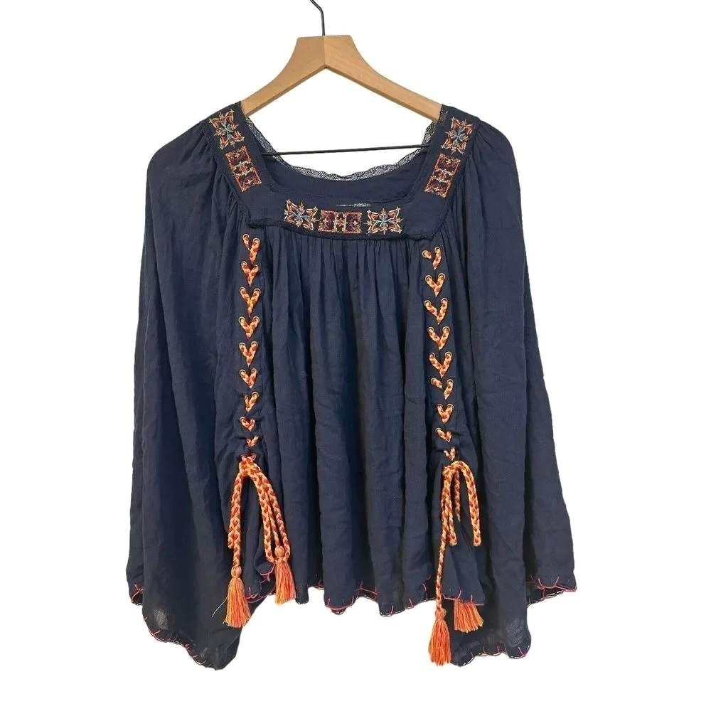 Rocks & Indigo Blouse Womens XL Navy Blue Excellent Embroidered Boho Peasant Top